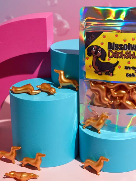 Dissolvable Dachunds. 15 Strawberry Dog Shapes Bath Pearls for wholesale by Bare Boutique