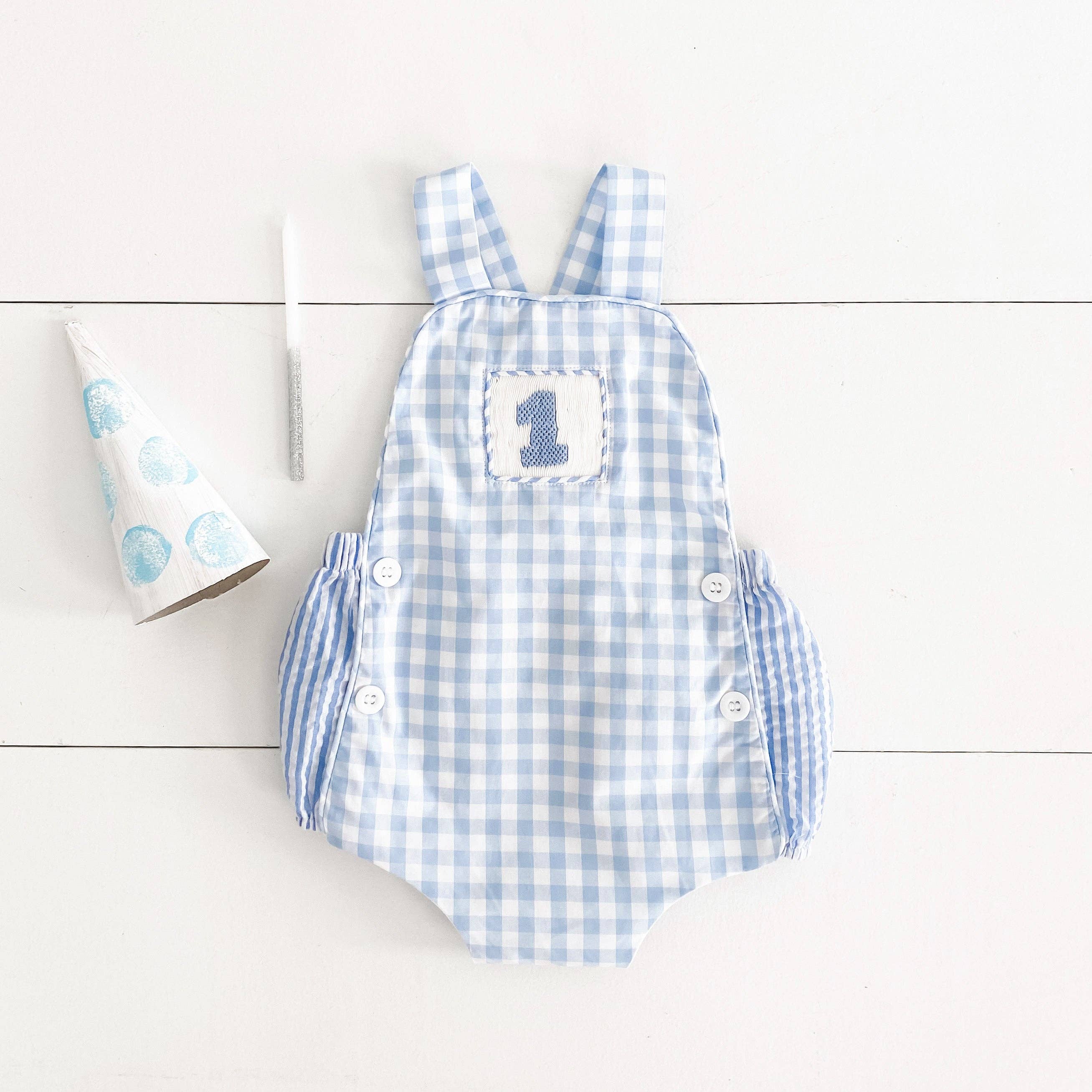 Seven Lantern Lane - Wholesale Bodysuit (Non-Footed) - Baby - Smocked Blue First Birthday Bubble10
