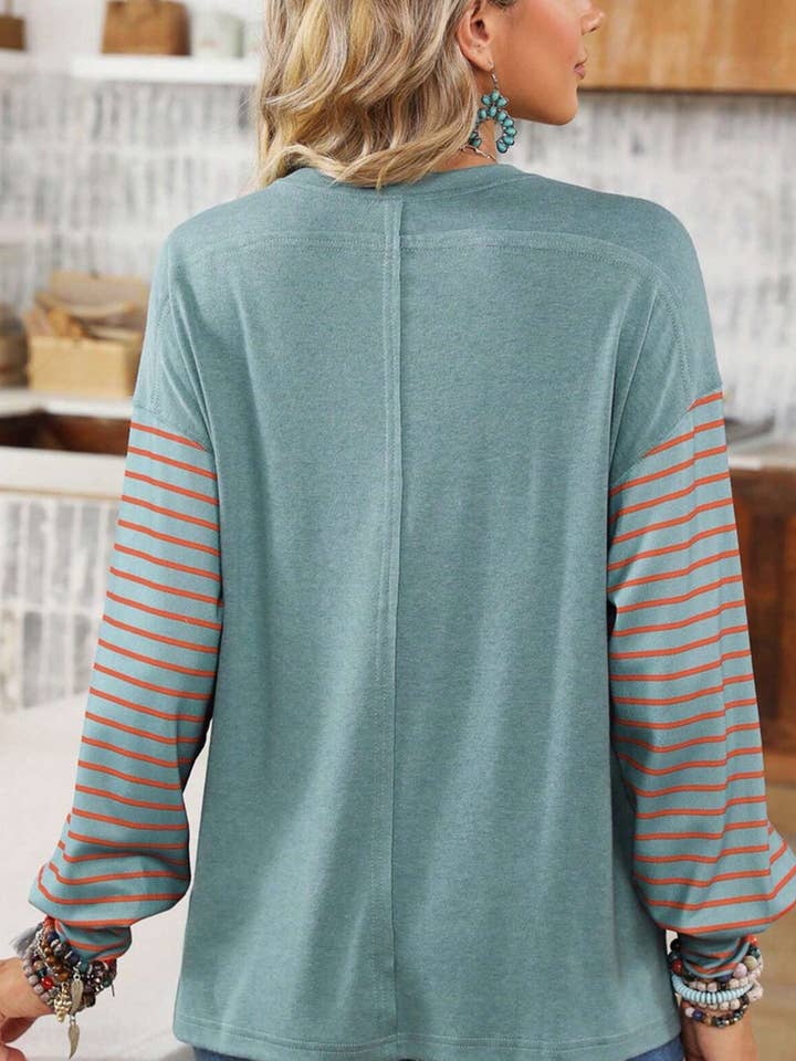 Green Round Neck Casual Striped Contrast Long Sleeved T-shirt for wholesale on Faire2