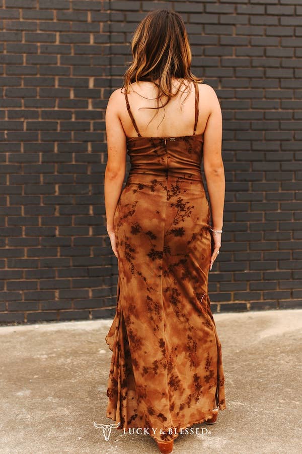 LUCKY & BLESSED - Wholesale Dress - Women's - Brown Camo Strap  Ruffle Tier Slit Dress2