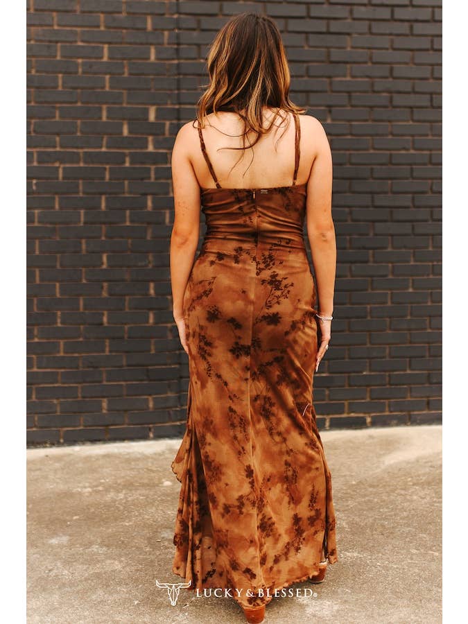 LUCKY & BLESSED - Wholesale Dress - Women's - Brown Camo Strap Ruffle Tier Slit Dress2