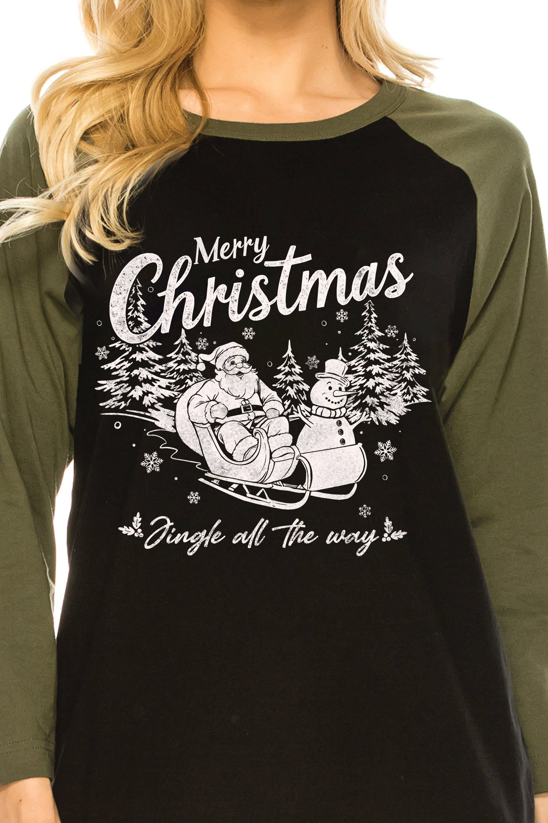 Rustee Clothing - Vendita all'ingrosso Maglietta serigrafata - Donna - CAMICIE RAGLAN CON GRAFICA MERRY CHRISTMAS SANTA3
