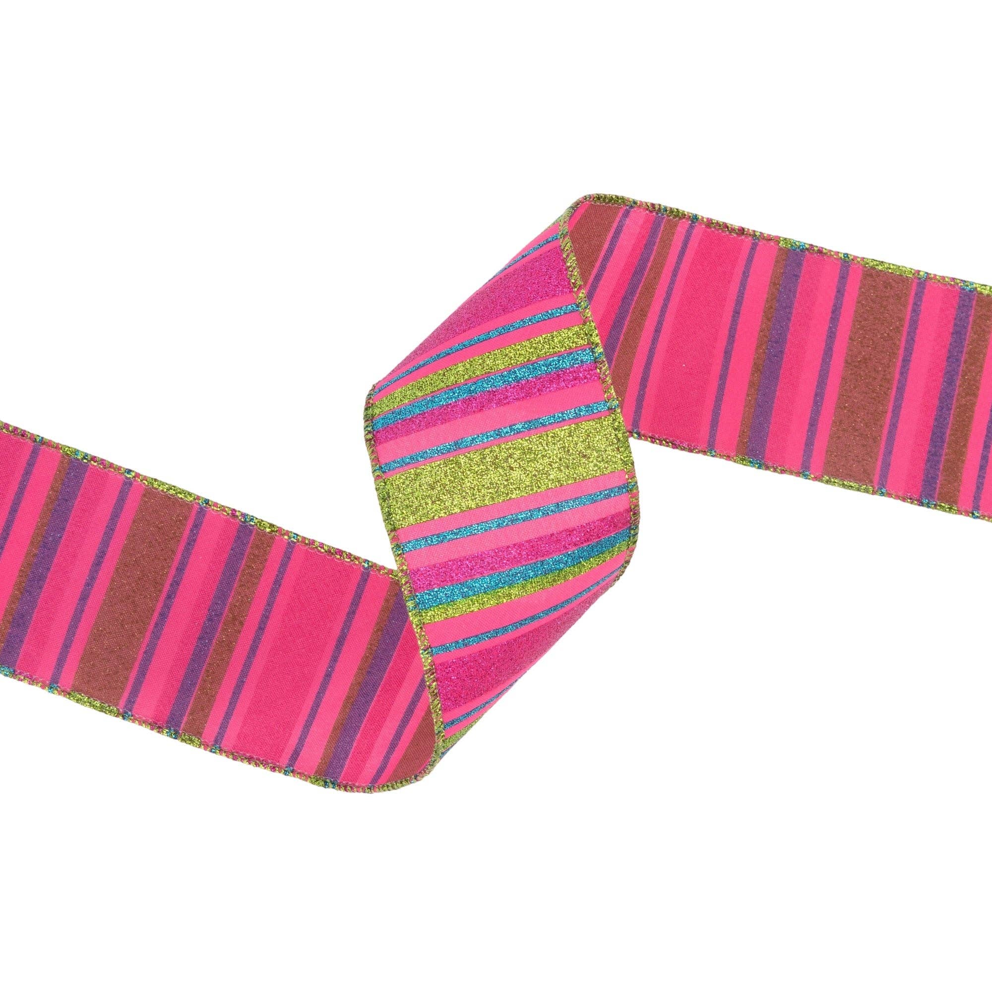 LA Ribbons Wholesale - Vente Ruban – emballage cadeau - Ruban câblé 2 1/2" | Rayures multicolores sur fond rose vif | Rouleau de 10 yards3