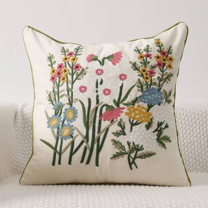 Floral embroidered cushion cover for wholesale by Bumble&Blue Staging