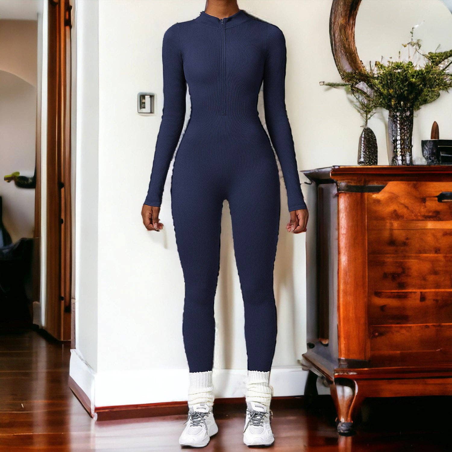 Active by Anna-Kaci – wholesale Unitard – Women′s – Zip-Up Ribbed Knit Unitard Jumpsuit5