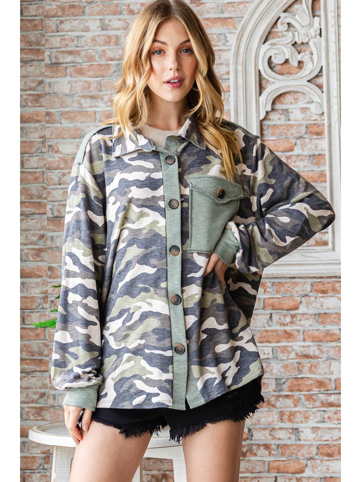 Olive Camouflage knit shirt jacket-LT4604A for wholesale on Faire2