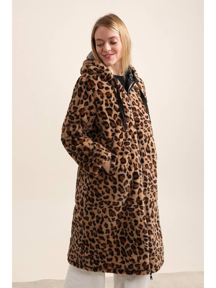 Attrait Paris – Blusão - Mulher por atacado – Casaco longo reversível com capuz e pele de leopardo3