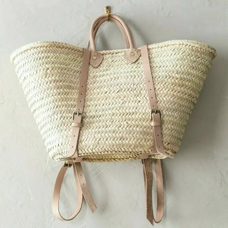 HandmadeBestSeller - Wholesale Strandtas - STRAW BAG Handgemaakt leer, French Market Basket rugzak2