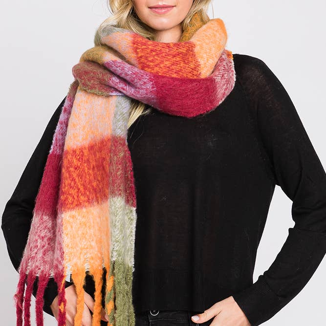 Hana - Wholesale Scarf - Women's - Brushed Multi Color Plaid Fringe Winter Scarf