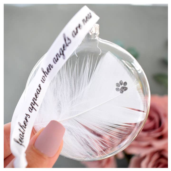 PAW Memory Bauble Glass Round. Real White Feather for wholesale by Amaya Rose Ltd.