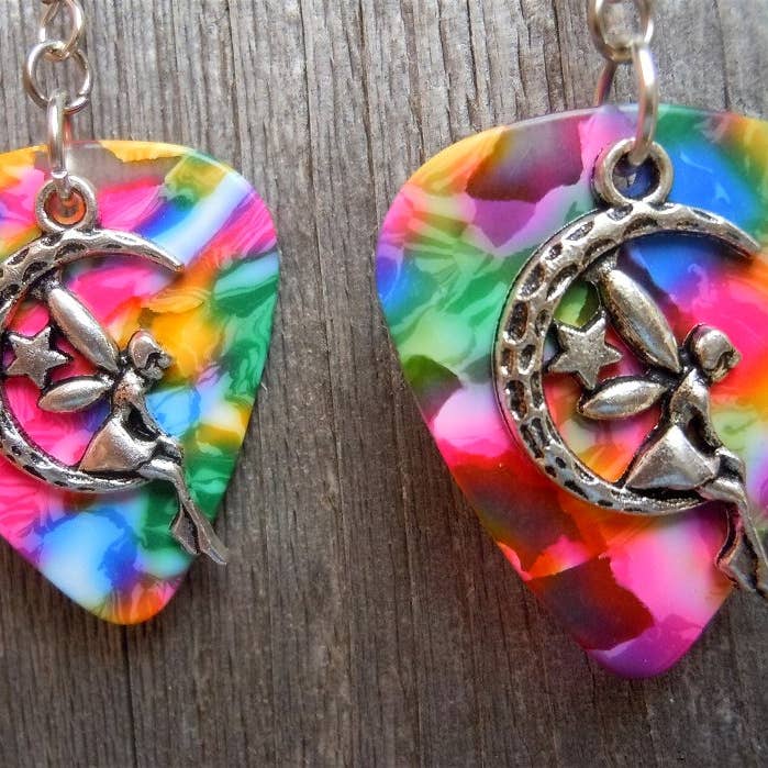 Simply Raevyn - Wholesale Dangle Earrings - Fairy on the Half Moon Charm Guitar Pick Earrings28