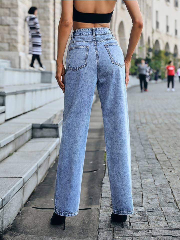 Azul Pantalones vaqueros rasgados de cintura alta, sueltos, adelgazantes y a la moda. de venta al por mayor en Faire