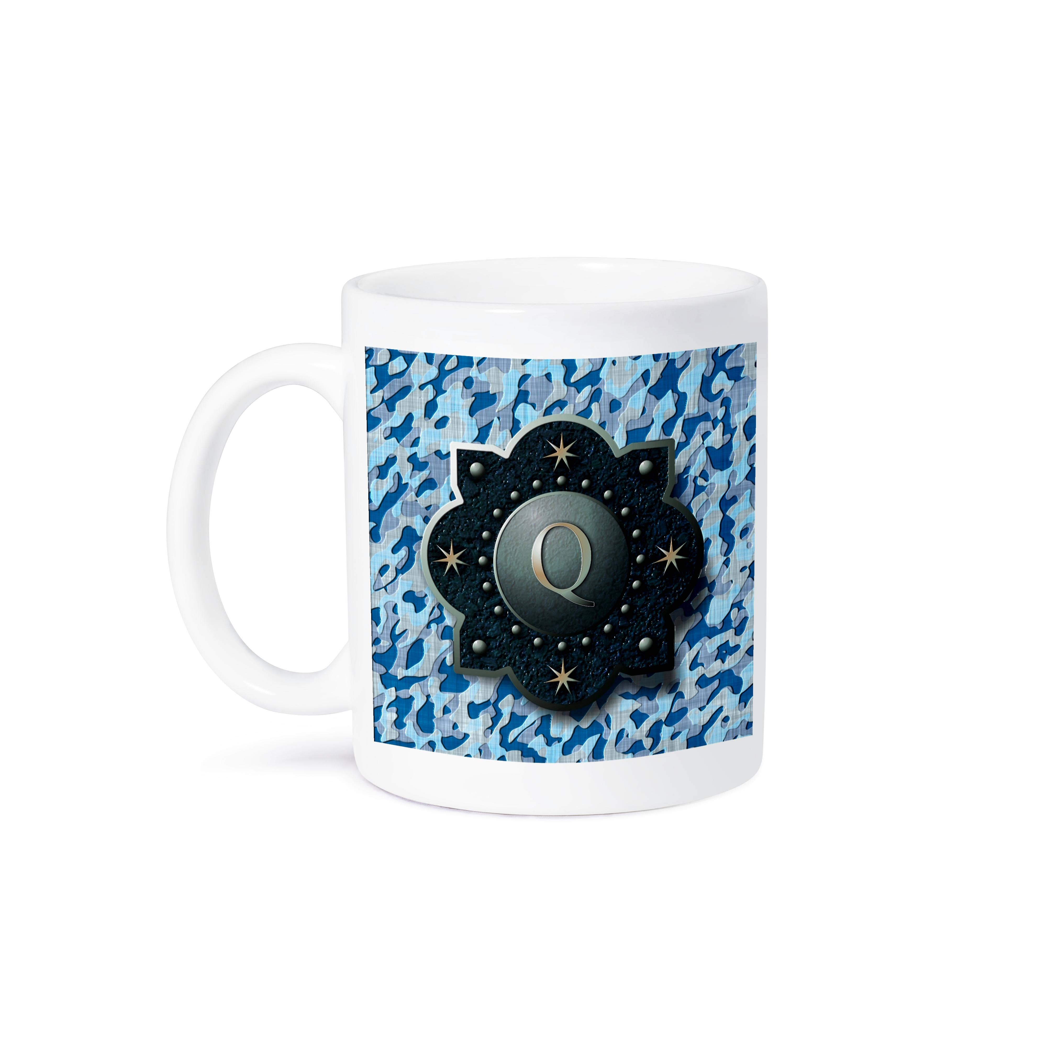 3dRose - Wholesale Coffee Mug - 3dRose, Letter Q- Image of metal badge over blue camo pattern, Mug8