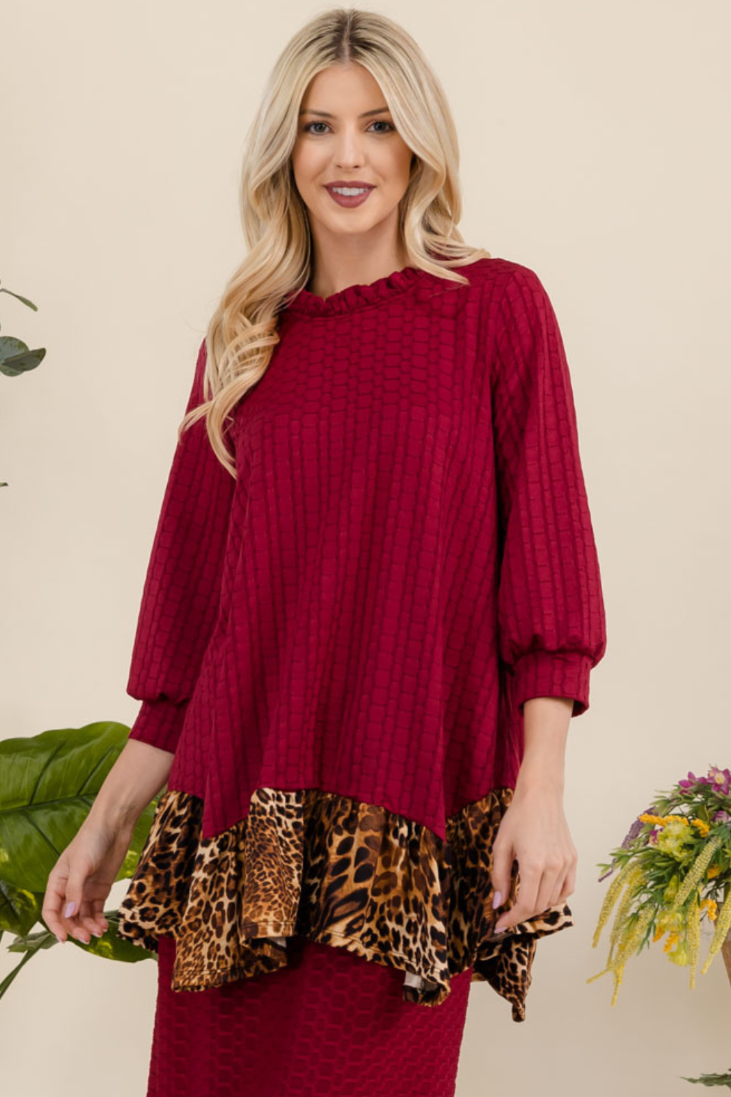 Celeste Clothing - Wholesale Tunic - Women's - HONEYCOMB TUNIC WITH ANIMAL PRINT HEMLINE -MT43916
4