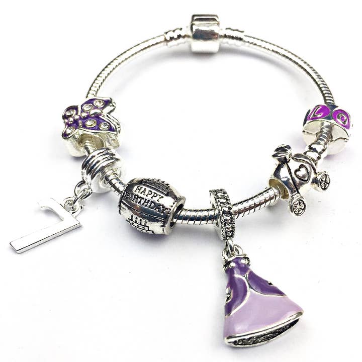 'Purple Princess 7th Birthday' verzilverde Charm Bead Armband voor kinderen voor wholesale door Liberty Charms