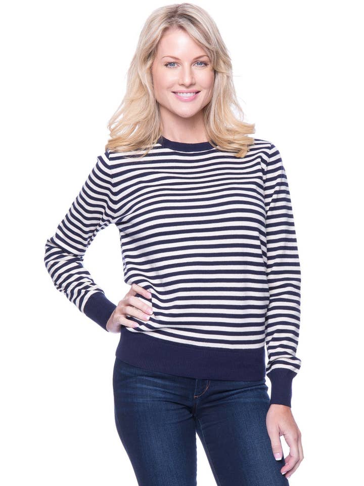Premium Bomuld Sweater med rund hals - Striber Navy/Ivory for engroshandel hos Tocco Reale
