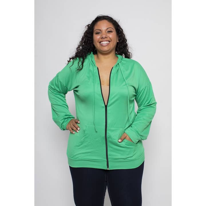 GIACCA IN MAGLIA CON CAPPUCCIO FRONTALE CON ZIP A CONTRASTO TAGLIE FORTI per la vendita all'ingrosso da parte di Curve Market