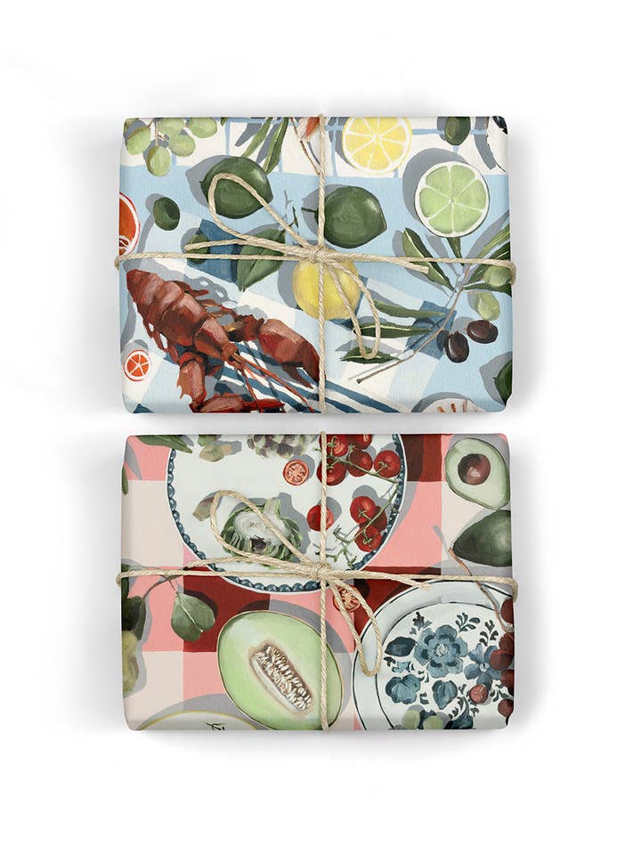 Fish & Citrus / Red Gingham 6pk Gift Wrap for wholesale by Bespoke Letterpress