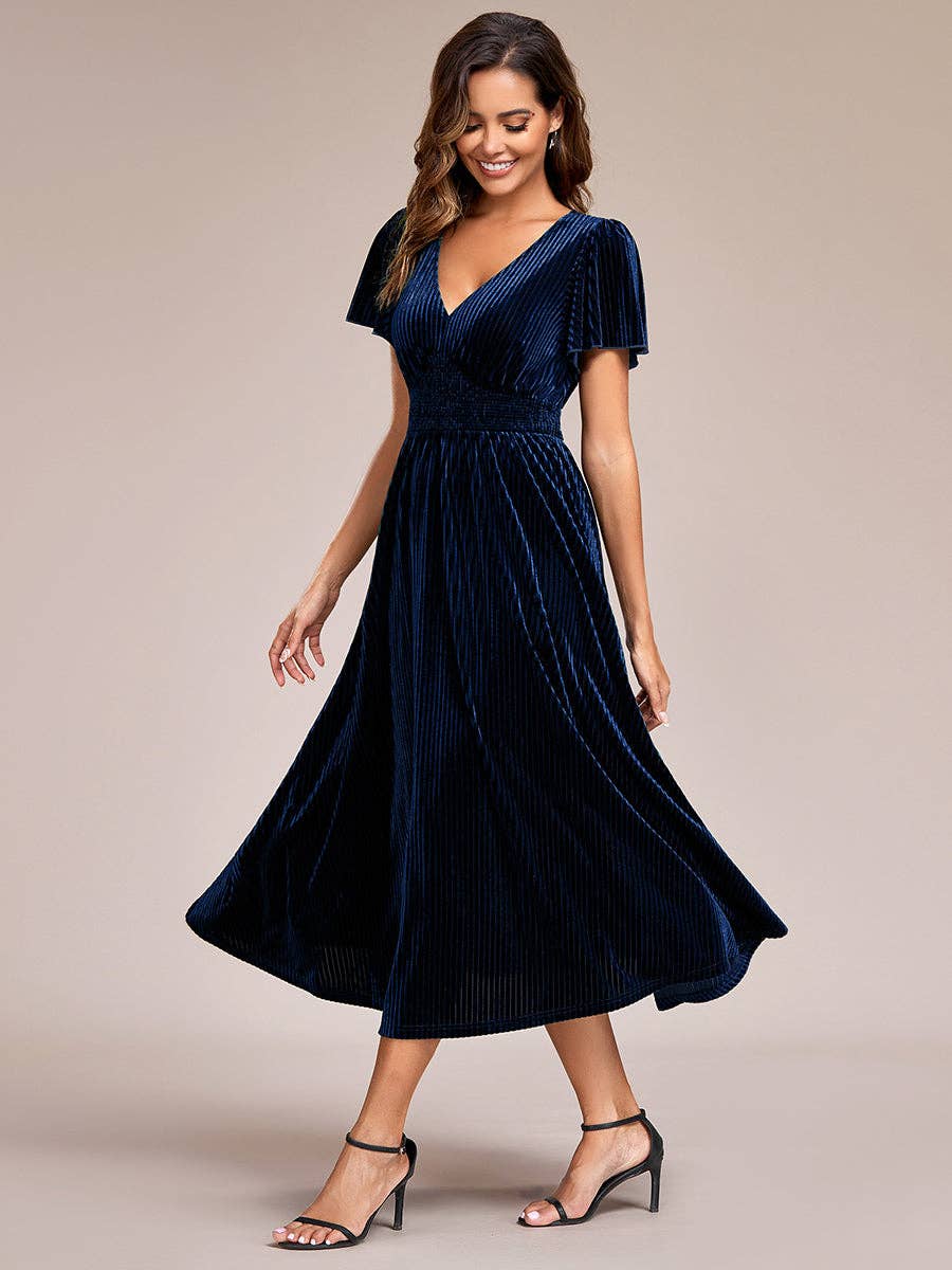 Ever-Pretty – wholesale Dress – Women's – V-Neck Tea Length Velvet Wedding Guest Dress46