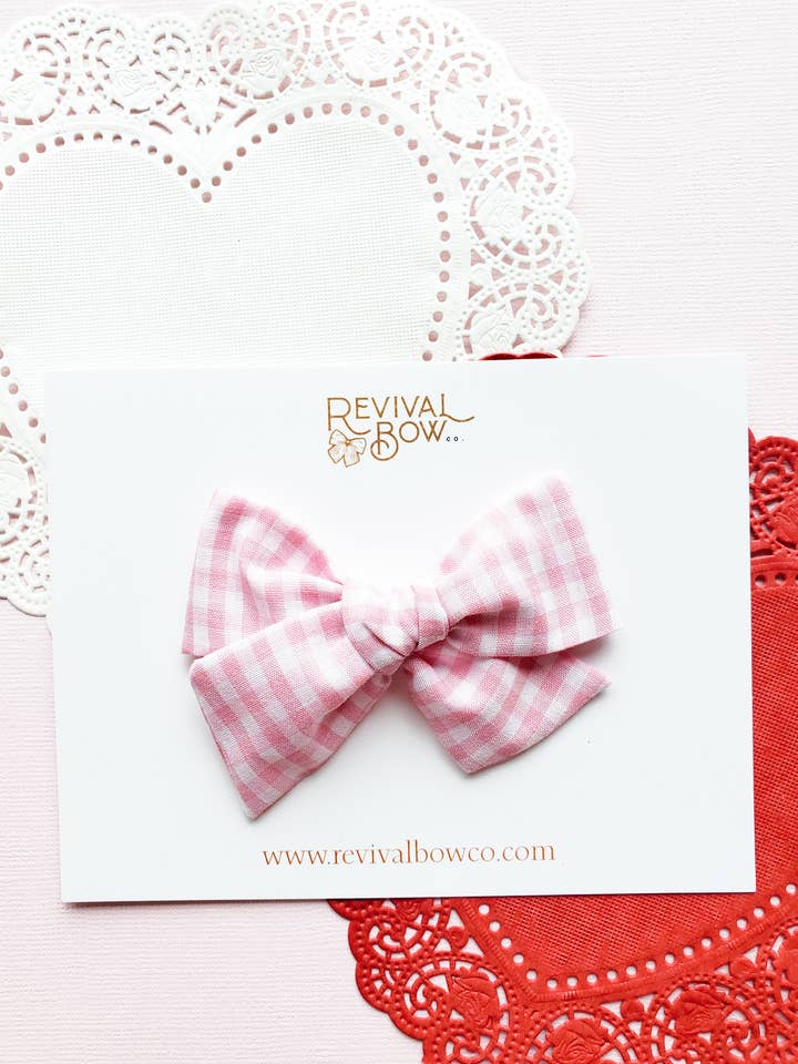 Valentine's Day Bow on Clip • Pink Gingham for wholesale by Revival Bow Co.