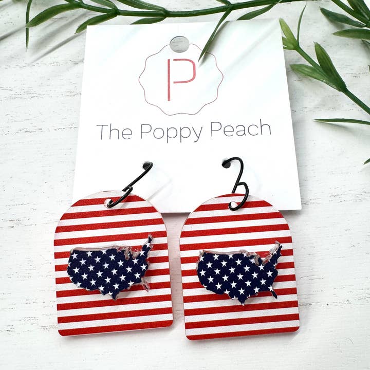 USA Stripes and Stars Handmade Acrylic Dangle Earrings for wholesale by The Poppy Peach, LLC.