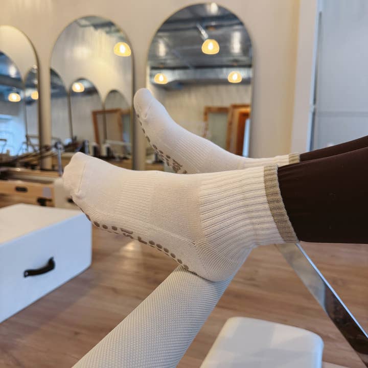 Cream with Tan Stripe Pilates Grip Sock for wholesale by Happiest Hour