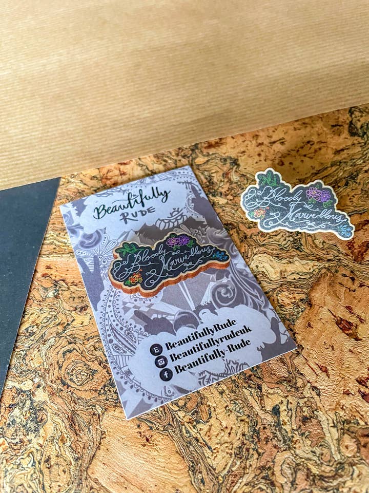 Bloody Marvellous wooden pin/Rude Art Work/Illustration for wholesale by Beautifully Rude
