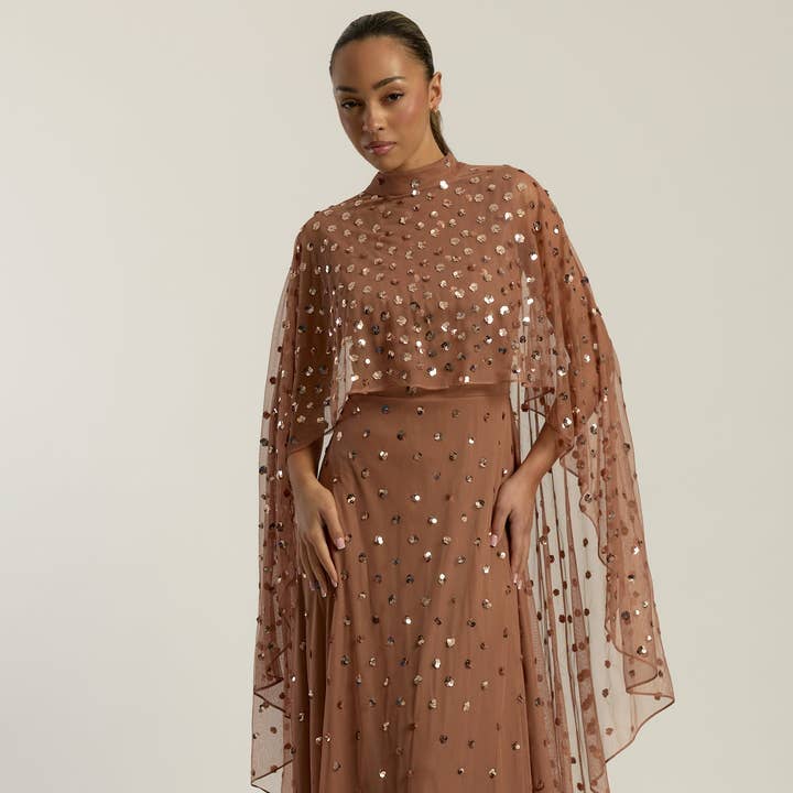 Elysia Bronze Sequin Maxi Dress With Cape Overlay for wholesale by Frock & Frill