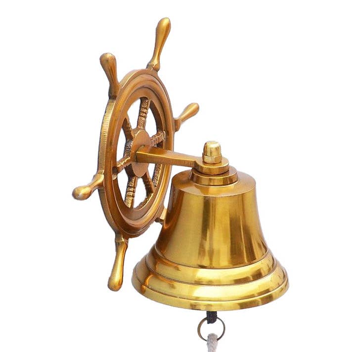 Brass Plated Hanging Ship Wheel Bell 7" for wholesale by Hampton Nautical