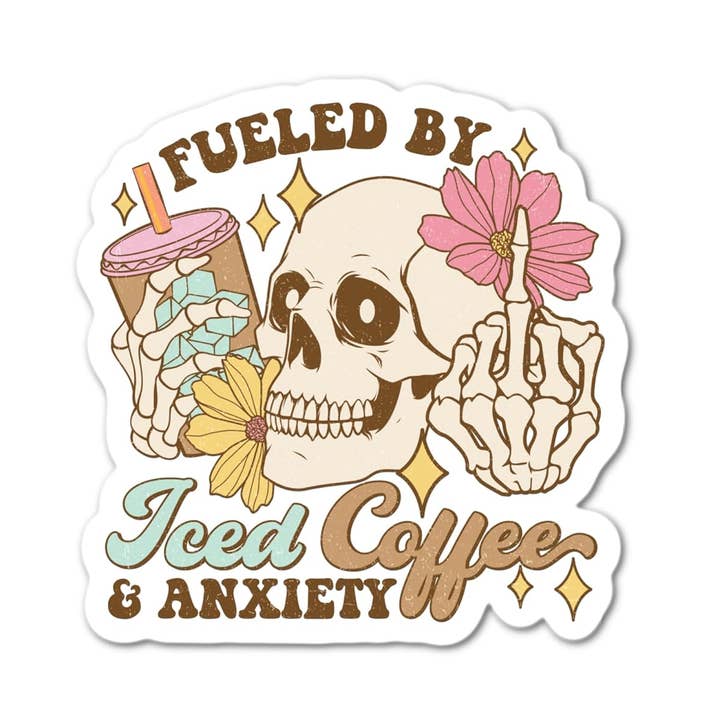 Alimenté par du café glacé et de l'anxiété Autocollant drôle pour la vente par Lyrical River Designs