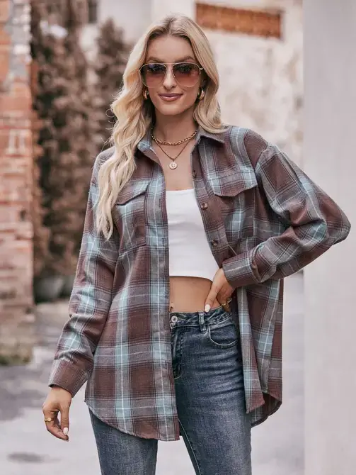 Lovesoft - Wholesale Button Down Shirt - Women's - Coffee Casual Fashion Oversized Loose Plaid Shirt10