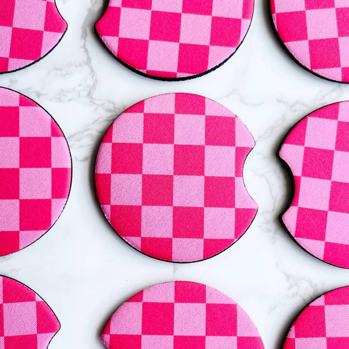 2 Car Coasters, Pink Checkerboard Design for wholesale by Sonny Rising