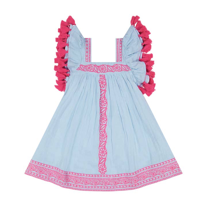 Serena Girls Tassel Dress Sky Embroidery for wholesale by Mer St. Barth