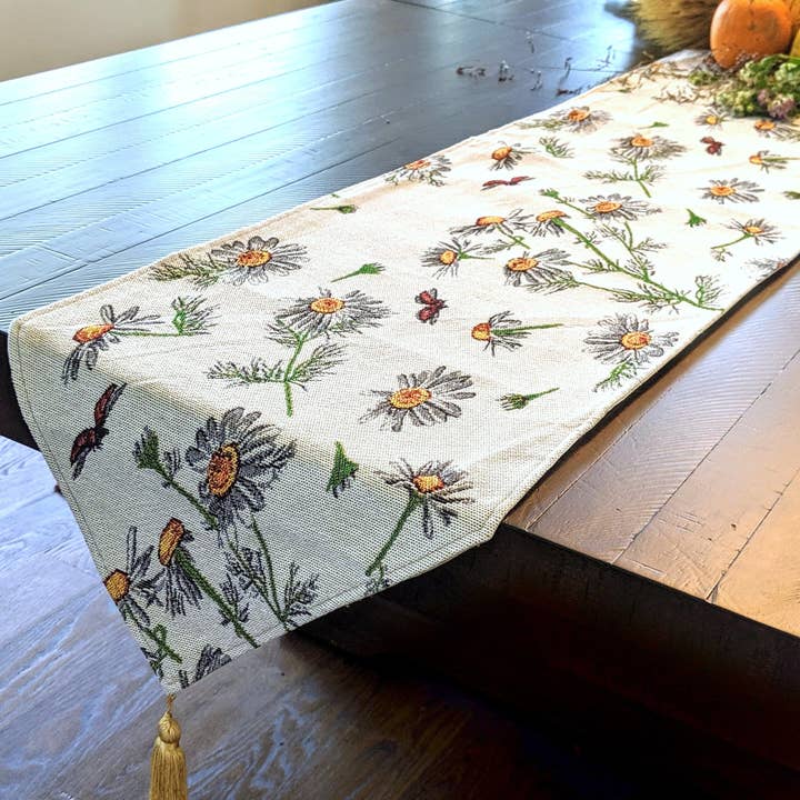 Tache Floral Yellow Daisies Ladybugs Ivory Woven Tapestry Table Runner (18114) for wholesale by Tache Home Fashion