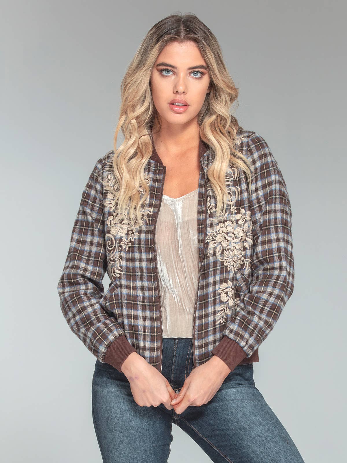 Brown Mulit Veste de baseball à carreaux brodée à glissière sur le devant 3567-MAJ en vente sur Faire