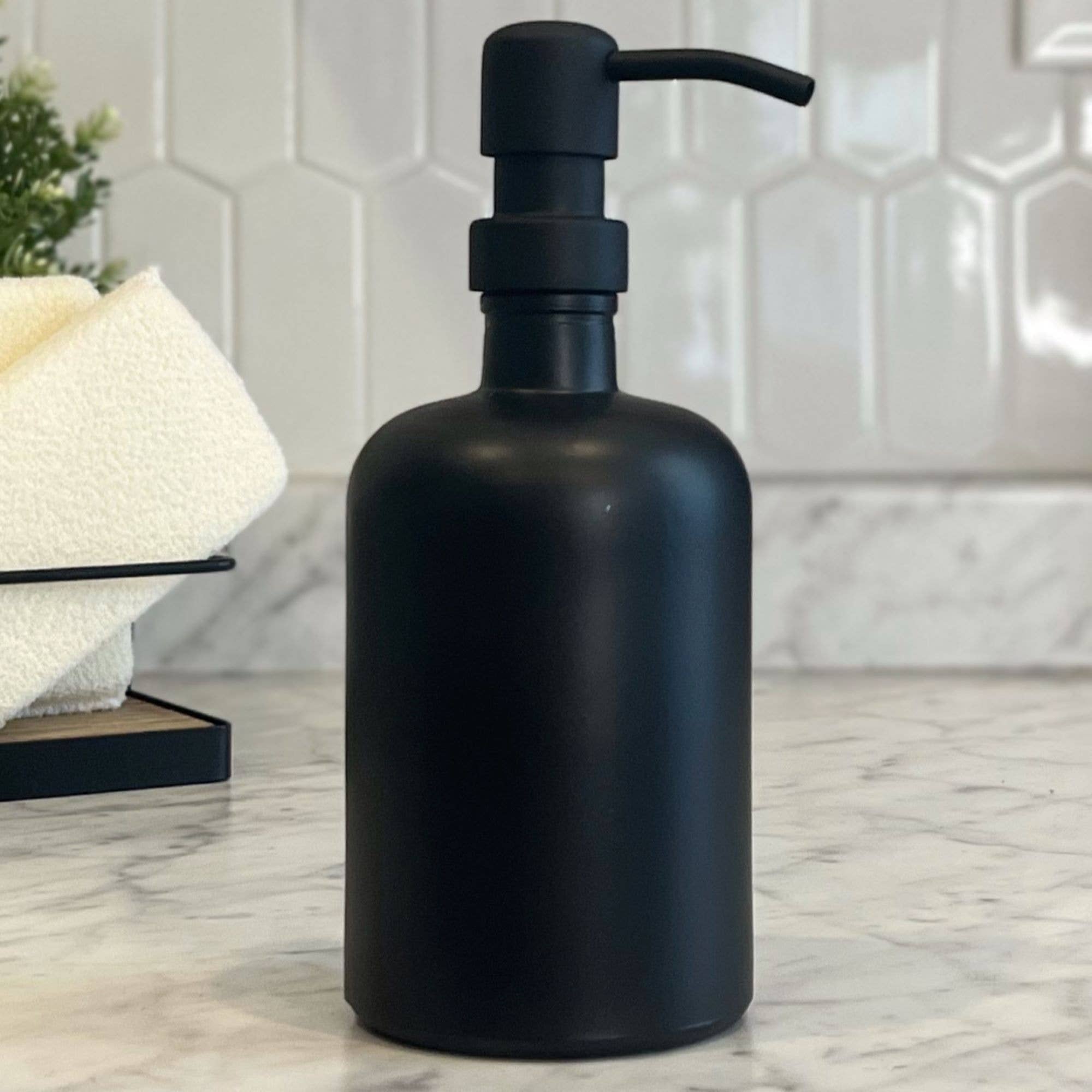 The Bottle Shoppe – wholesale Soap dispenser – 16oz Black Matte Glass Soap Dispenser bottle w/ metal pumps.2