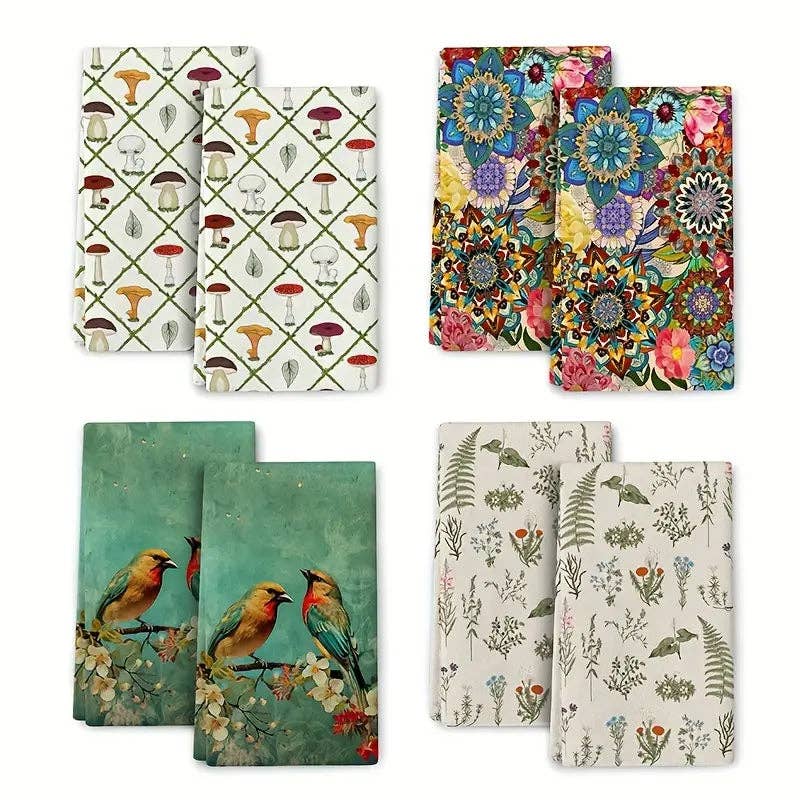 Huis Van Merken - Wholesale Dishcloth - 2pcs, Hand Towels, Mushroom Dahlia Mandara Leaf Cardinal Print Dish Cloth1