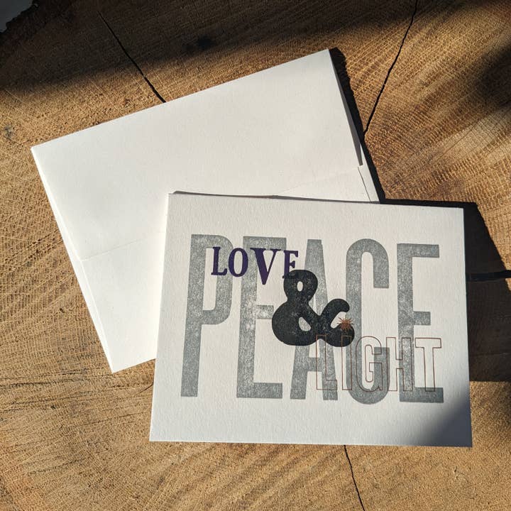 Peace, Love & Light Letterpress Greeting Card for wholesale by Tussie Mussie Press