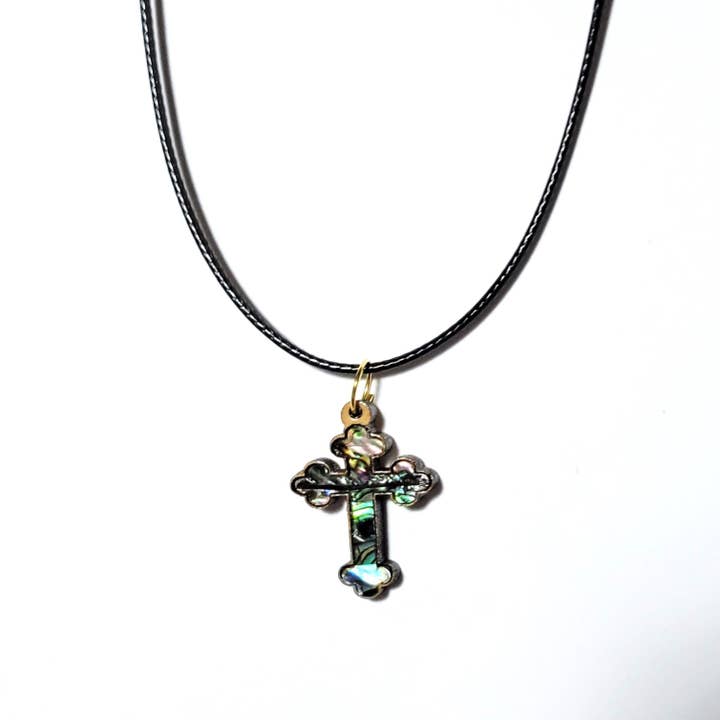 Eclectic Woodchuck - Wholesale Pendant/Charm Necklace - Bottoni Cross Abalone and Olive Wood Pendant