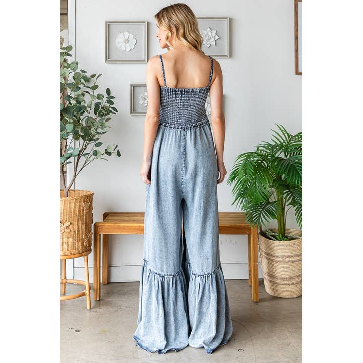 DENIM WASHED SMOCKED DETAIL RUFFLE WIDE LEG JUMPSUIT for wholesale on Faire