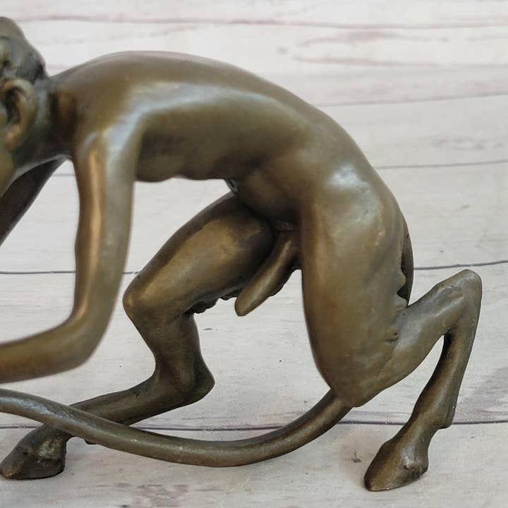 Bronzhaus - Wholesale Sculpture - Greek Satyr Chasing Nymph Bronze Figurine Sculpture Demon Horny Devil Satan 5" x 7"8