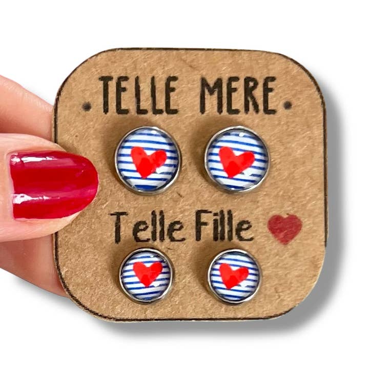 Dans l'Air du Temps Bijoux - Wholesale Stud/Post Earrings - Mother Daughter Earrings / "Like Mother, Like Daughter!" red hearts and blue stripes