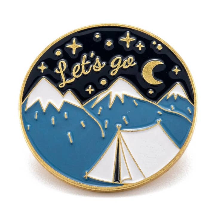 Let’s Go Camping Enamel Pin – Mountain Night Adventure Pin for wholesale by CY Design Studio