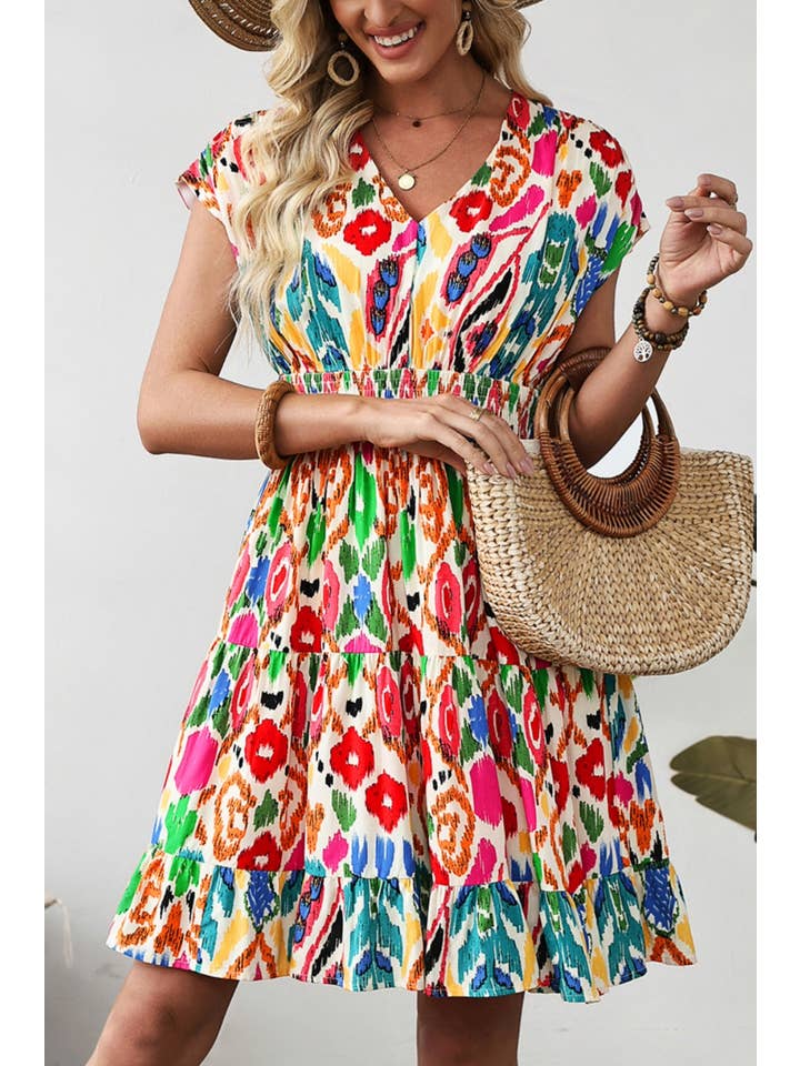 Sky Blue Abstract Print V Neck Dolman Sleeve Ruffle Tiered Mini Dress for wholesale on Faire