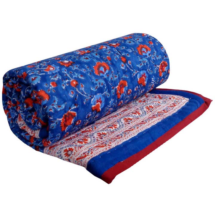 Couette réversible à imprimé bloc Rukhsana, bleu foncé, matelassée à la main pour la vente par Ayras World