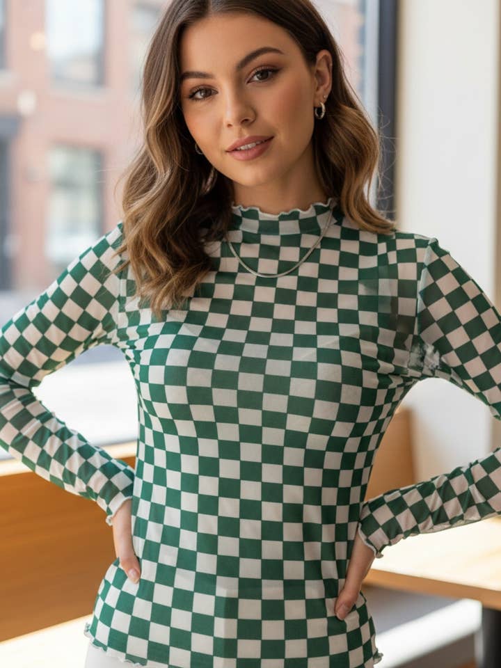 T1509-6674-Lilian Green Checkered Mesh Mock Neck Top for wholesale by Nylon Apparel