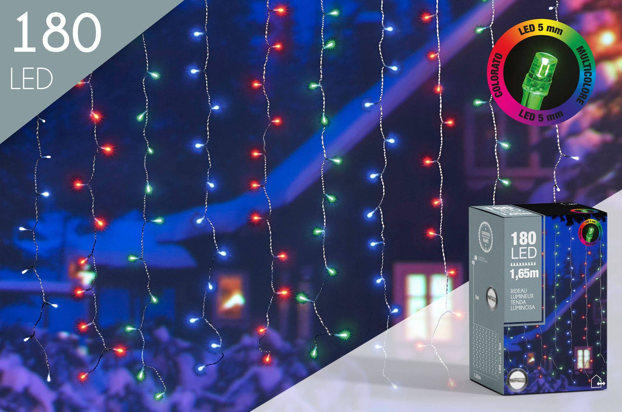 CP INTERNATIONAL - Wholesale String Lights - 180 LED Curtain 5mm Multicolor L.1.65M Transparent Wire #15970