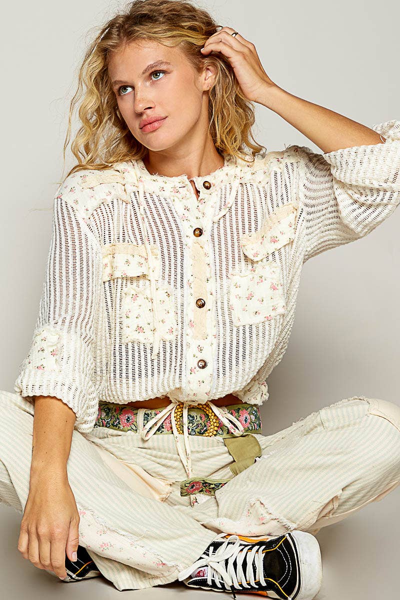 Pol Clothing - Wholesale Jacket - Women's - Vintage washed floral print patch crochet jacket SALE22