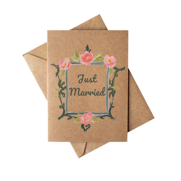 Cryptic Paper Co. - Wholesale Wedding Card - Just Married Floral Fram Card Brown Kraft Paper Wedding Card
