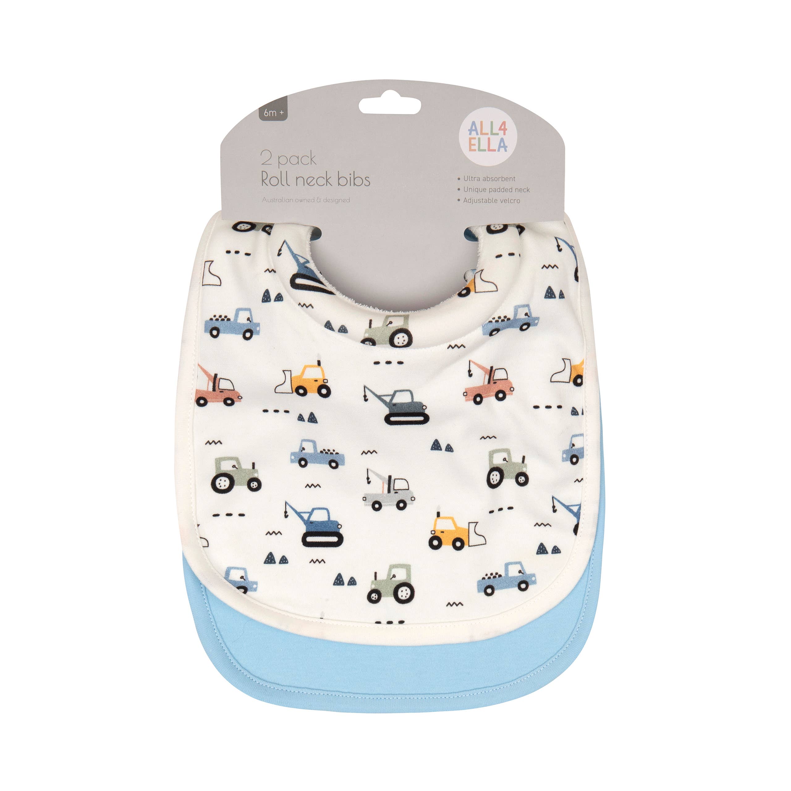 All4Ella - Wholesale Bib - Baby - Roll Neck Bibs 2pk - Diggers